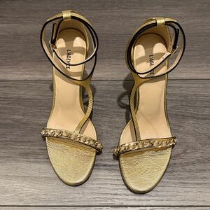 L'AGENCE Metallic Gold and Black Strappy 4” Heels Size 9